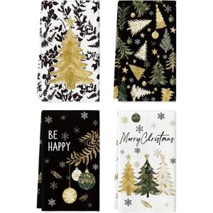 Artoid Mode Black Golden Xmas Tree Christmas Kitchen Towels Dish Towels, 18×26 Inch Farmhouse Holiday Snowflake Winter Decoration Cleaning Set of 4