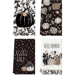 Artoid Mode Black Leaves Polka Dot Pumpkin Fall Kitchen Towels Dish Towels, 18×26 Inch Farmhouse Autumn Decoration Hand Towels Set of 4