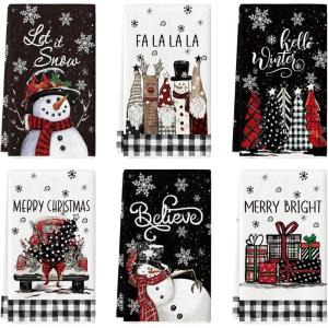 Artoid Mode Black Snowman Xmas Trees Santa Claus Truck Merry Christmas Kitchen Towels Dish Towels, 18×26 Inch Farmhouse Decoration Hand Towels Set of 6(Black)