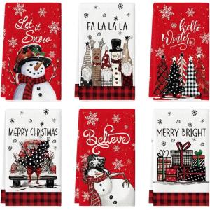 Artoid Mode Black Snowman Xmas Trees Santa Claus Truck Merry Christmas Kitchen Towels Dish Towels, 18×26 Inch Farmhouse Decoration Hand Towels Set of 6(Red)