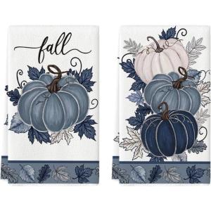 Artoid Mode Blue Leaves Pumpkin Fall Kitchen Towels Dish Towels, 18×26 Inch Farmhouse Autumn Decoration Hand Towels Set of 2(Blue)