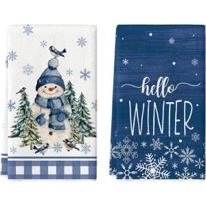 Artoid Mode Blue Snowman Snowflake Bird Hello Winter Kitchen Towels Dish Towels, 18×26 Inch Farmhouse Holiday Decoration Cleaning Set of 2