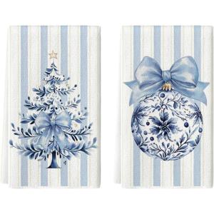 Artoid Mode Blue Stripe Porcelain Xmas Tree Christmas Kitchen Towels Dish Towels, 18×26 Inch Farmhouse Ornaments Winter Decoration Cleaning Set of 2(Blue)