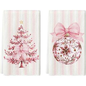 Artoid Mode Blue Stripe Porcelain Xmas Tree Christmas Kitchen Towels Dish Towels, 18×26 Inch Farmhouse Ornaments Winter Decoration Cleaning Set of 2(Pink)