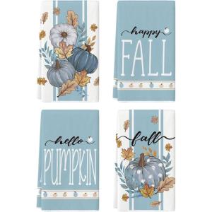 Artoid Mode Blue Stripes Polka Dot Pumpkin Fall Kitchen Towels Dish Towels, 18×26 Inch Farmhouse Maple Leaves Autumn Decoration Hand Towels Set of 4(Blue)