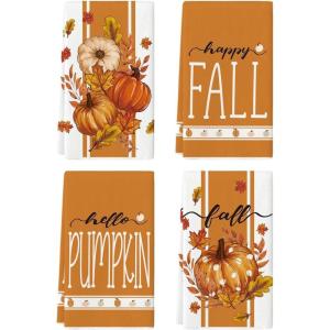 Artoid Mode Blue Stripes Polka Dot Pumpkin Fall Kitchen Towels Dish Towels, 18×26 Inch Farmhouse Maple Leaves Autumn Decoration Hand Towels Set of 4(Orange)