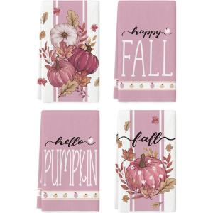 Artoid Mode Blue Stripes Polka Dot Pumpkin Fall Kitchen Towels Dish Towels, 18×26 Inch Farmhouse Maple Leaves Autumn Decoration Hand Towels Set of 4(Pink)