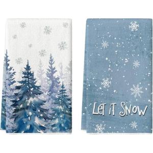 Artoid Mode Blue Xmas Tree Snowflake Winter Kitchen Towels Dish Towels, 18×26 Inch Farmhouse Holiday Decoration Cleaning Set of 2