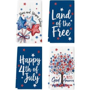Artoid Mode Bowknot Balloon Star Tree Happy 4th of July Kitchen Towels Dish Towels, 18×26 Inch Independence Day Decoration Cleaning Set of 4