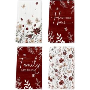 Artoid Mode Brown Flowers Wildflower Fall Kitchen Towels Dish Towels, 18×26 Inch Farmhouse Home Sweet Home Autumn Decoration Hand Towels Set of 4