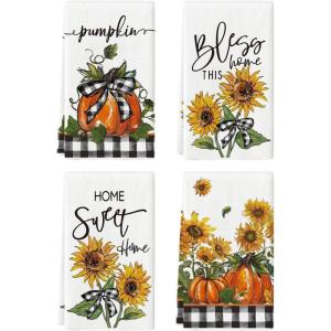 Artoid Mode Buffalo Plaid Bowknot Pumpkin Fall Kitchen Towels Dish Towels, 18×26 Inch Thanksgiving Sunflower Decoration Hand Towels Set of 4(Beige)