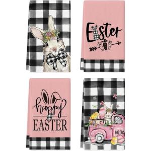 Artoid Mode Buffalo Plaid Rabbit Carrot Truck Bunny Eggs Easter Spring Kitchen Towels Dish Towels, 18×26 Inch Farmhouse Summer Decoration Cleaning Set of 4