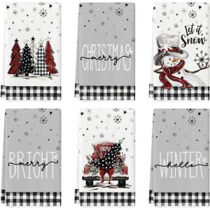 Artoid Mode Buffalo Plaid Xmas Trees Snowman Truck Merry Christmas Kitchen Towels Dish Towels, 18×26 Inch Farmhouse Decoration Hand Towels Set of 6(Black/Beige)