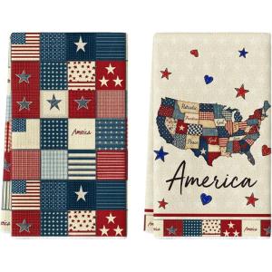 Artoid Mode Checkered Stripes Star America 4th of July Kitchen Towels Dish Towels, 18×26 Inch Independence Day Decoration Cleaning Set of 2