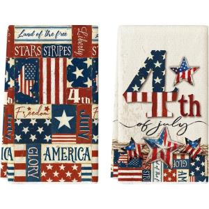 Artoid Mode Checkered Stripes Star Freedom 4th of July Kitchen Towels Dish Towels, 18×26 Inch Independence Day Decoration Cleaning Set of 2