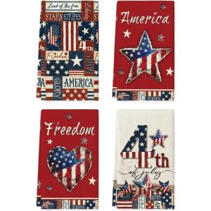 Artoid Mode Checkered Stripes Star Love Freedom 4th of July Kitchen Towels Dish Towels, 18×26 Inch Independence Day Decoration Cleaning Set of 4