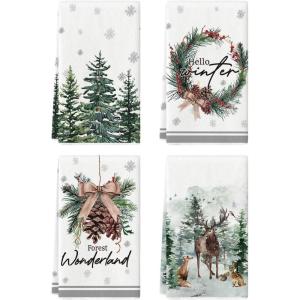 Artoid Mode Elk Trees Pine Cones Holly Berry Hello Winter Kitchen Towels Dish Towels, 18×26 Inch Bowknot Christmas Decoration Hand Towels Set of 4(Beige)