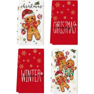 Artoid Mode Gingerbread Candy Merry Christmas Kitchen Towels Dish Towels, 18×26 Inch Holiday Holly Xmas Ball Winter Decoration Hand Towels Set of 4