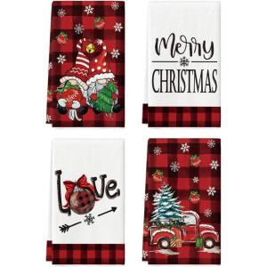Artoid Mode Gnome Truck Believe Merry Christmas Kitchen Towels Dish Towels, 18×26 Inch Farmhouse Holiday Winter Decoration Cleaning Set of 4(Red)