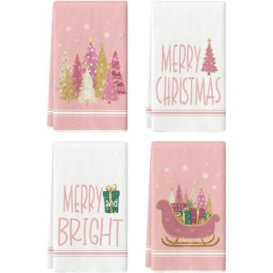 Artoid Mode Green Sleigh Star Xmas Tree Merry Christmas Kitchen Towels Dish Towels, 18×26 Inch Farmhouse Holiday Winter Decoration Cleaning Set of 4(Pink)