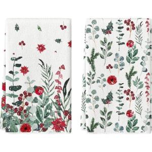 Artoid Mode Holly Poinsettia Flower Winter Kitchen Towels Dish Towels, 18×26 Inch Farmhouse Holiday Decoration Cleaning Set of 2