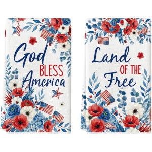 Artoid Mode Hydrangea Floral Star Flag 4th of July Kitchen Towels Dish Towels, 18×26 Inch Independence Day Decoration Cleaning Set of 2