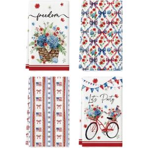 Artoid Mode Hydrangea Flower Basket Bicycle 4th of July Kitchen Towels Dish Towels, 18×26 Inch Independence Day Decoration Cleaning Set of 4