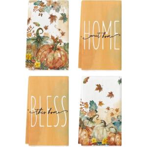 Artoid Mode Oil Painting Pumpkin Fall Kitchen Towels Dish Towels, 18×26 Inch Farmhouse Leaves Bless Autumn Decoration Hand Towels Set of 4