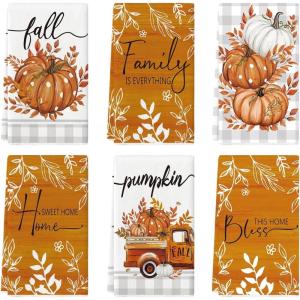 Artoid Mode Orange Buffalo Plaid Polka Dot Pumpkin Truck Fall Kitchen Towels Dish Towels, 18×26 Inch Autumn Leaves Decoration Hand Towels Set of 6