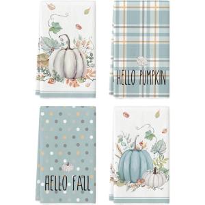 Artoid Mode Orange Watercolor Stripes Hello Pumpkin Fall Kitchen Towels Dish Towels, 18×26 Inch Leaves Decoration Hand Towels Set of 4(Blue)