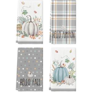Artoid Mode Orange Watercolor Stripes Hello Pumpkin Fall Kitchen Towels Dish Towels, 18×26 Inch Leaves Decoration Hand Towels Set of 4(Grey)