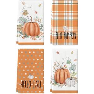 Artoid Mode Orange Watercolor Stripes Hello Pumpkin Fall Kitchen Towels Dish Towels, 18×26 Inch Leaves Decoration Hand Towels Set of 4(Orange)