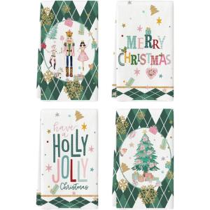 Artoid Mode Pink Nutcrackers Tree Holly Jolly Merry Christmas Kitchen Towels Dish Towels, 18×26 Inch Seasonal Winter Xmas Decoration Hand Towels Set of 4(Green)