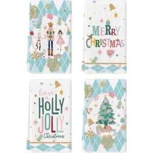 Artoid Mode Pink Nutcrackers Tree Holly Jolly Merry Christmas Kitchen Towels Dish Towels, 18×26 Inch Seasonal Winter Xmas Decoration Hand Towels Set of 4(Blue)