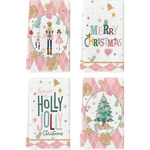 Artoid Mode Pink Nutcrackers Tree Holly Jolly Merry Christmas Kitchen Towels Dish Towels, 18×26 Inch Seasonal Winter Xmas Decoration Hand Towels Set of 4(Pink)