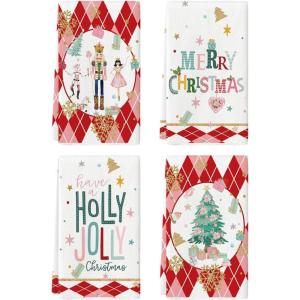 Artoid Mode Pink Nutcrackers Tree Holly Jolly Merry Christmas Kitchen Towels Dish Towels, 18×26 Inch Seasonal Winter Xmas Decoration Hand Towels Set of 4(Red)
