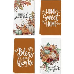 Artoid Mode Pumpkin Bouquet Fall Kitchen Towels Dish Towels, 18×26 Inch Farmhouse Leaves Bless Autumn Decoration Hand Towels Set of 4