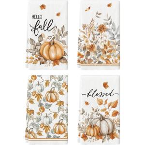 Artoid Mode Pumpkin Hello Fall Kitchen Towels Dish Towels, 18×26 Inch Autumn Blessed Floral Leaves Decoration Hand Towels Set of 4