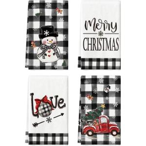 Artoid Mode Red Buffalo Plaid Truck Snowman Christmas Kitchen Towels Dish Towels, 18×26 Inch Farmhouse Holiday Winter Decoration Cleaning Set of 4(Black)
