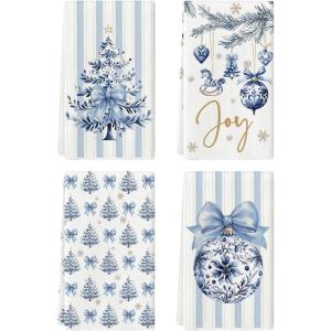 Artoid Mode Red Porcelain Ornaments Xmas Tree Christmas Kitchen Towels Dish Towels, 18×26 Inch Farmhouse Holiday Winter Decoration Cleaning Set of 4(Blue)