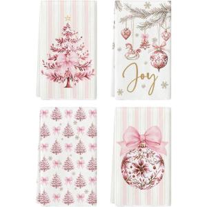 Artoid Mode Red Porcelain Ornaments Xmas Tree Christmas Kitchen Towels Dish Towels, 18×26 Inch Farmhouse Holiday Winter Decoration Cleaning Set of 4(Pink)