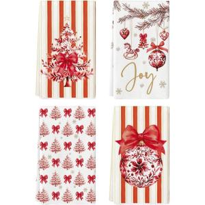 Artoid Mode Red Porcelain Ornaments Xmas Tree Christmas Kitchen Towels Dish Towels, 18×26 Inch Farmhouse Holiday Winter Decoration Cleaning Set of 4(Red)