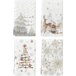 Artoid Mode Reindeer Snowflakes Xmas Tree Christmas Kitchen Towels Dish Towels, 18×26 Inch Farmhouse Holiday Winter Decoration Cleaning Set of 4