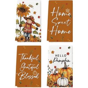 Artoid Mode Scarecrow Pumpkin Fall Kitchen Towels Dish Towels, 18×26 Inch Farmhouse Sunflower Thanksgiving Decoration Hand Towels Set of 4