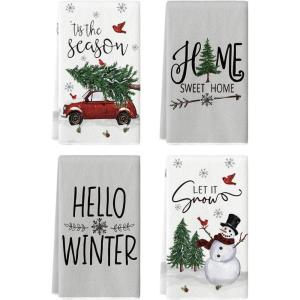 Artoid Mode Snowman Truck Xmas Tree Christmas Kitchen Towels Dish Towels, 18×26 Inch Farmhouse Holiday Bird Winter Decoration Cleaning Set of 4