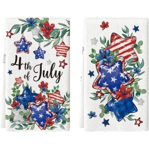 Artoid Mode Stripes Star Floral 4th of July Kitchen Towels Dish Towels, 18×26 Inch Independence Day Decoration Cleaning Set of 2