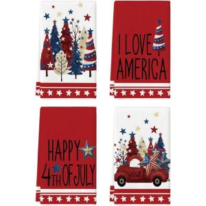 Artoid Mode Stripes Star Tree Truck Happy 4th of July Kitchen Towels Dish Towels, 18×26 Inch Independence Day Decoration Cleaning Set of 4