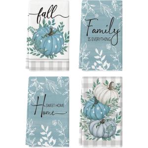 Artoid Mode Wood Polka Dot Orange Pumpkin Fall Kitchen Towels Dish Towels, 18×26 Inch Farmhouse Eucalyptus Leaves Decoration Hand Towels Set of 4(Aqua/Beige)