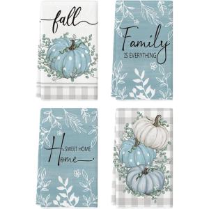 Artoid Mode Wood Polka Dot Orange Pumpkin Fall Kitchen Towels Dish Towels, 18×26 Inch Farmhouse Eucalyptus Leaves Decoration Hand Towels Set of 4(Blue)