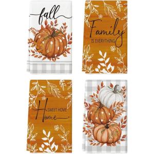 Artoid Mode Wood Polka Dot Orange Pumpkin Fall Kitchen Towels Dish Towels, 18×26 Inch Farmhouse Eucalyptus Leaves Decoration Hand Towels Set of 4(Orange/Beige)